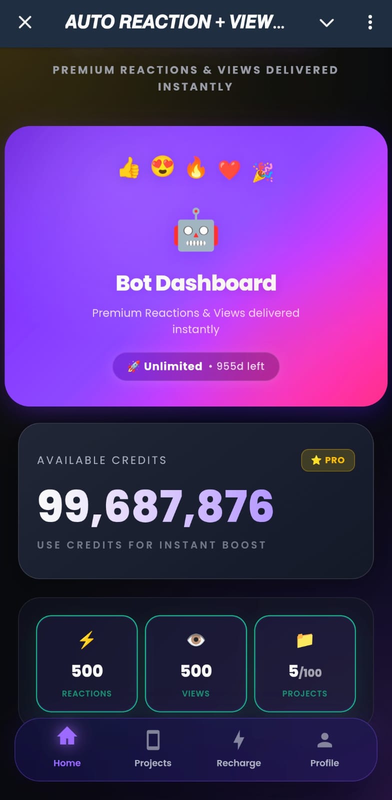 MBot dashboard showing credits, reaction and view limits