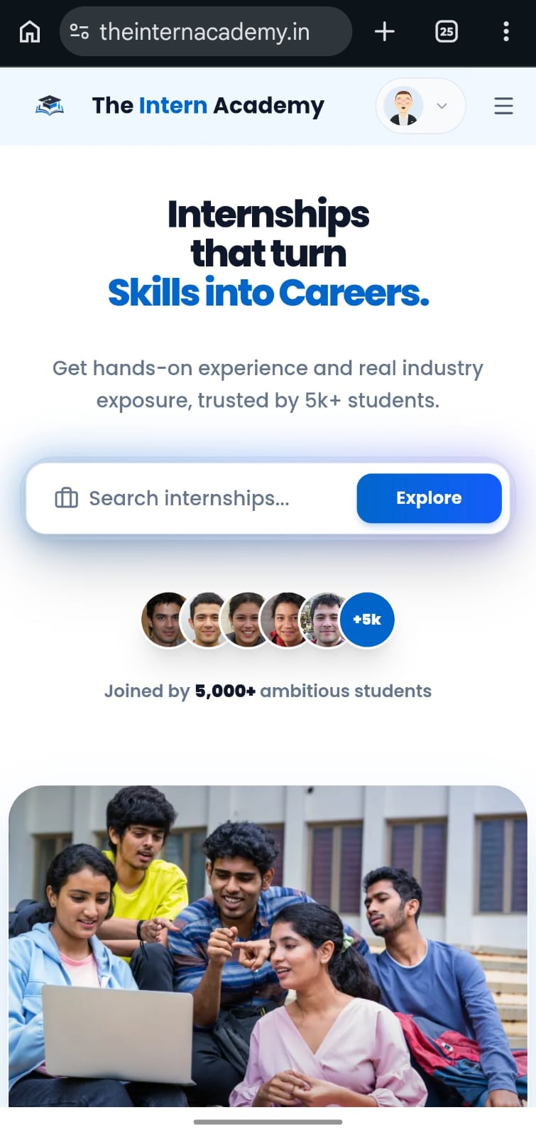 The Intern Academy homepage on mobile showing 'Internships that turn Skills into Careers' with 5,000+ students
