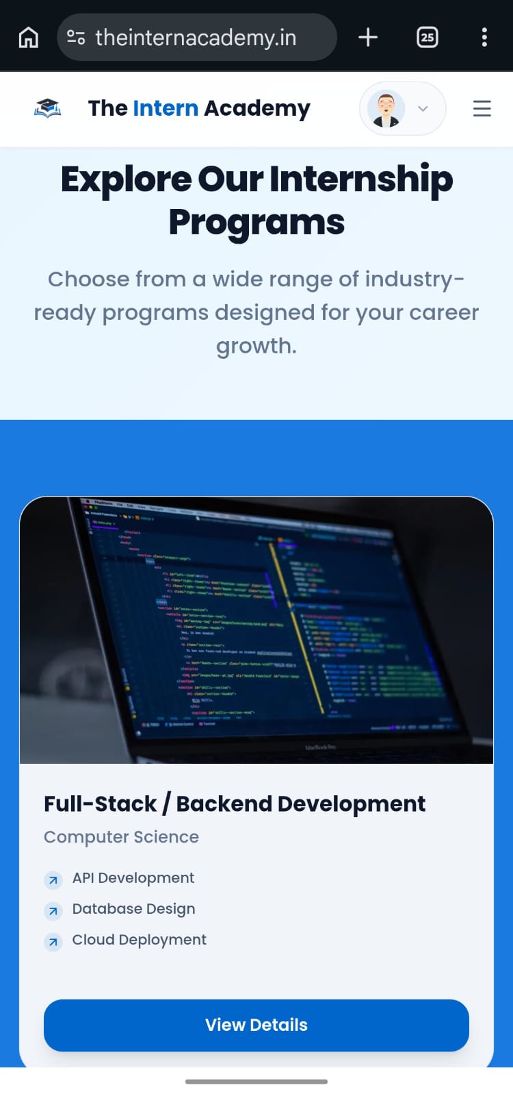The Intern Academy's Explore Internship Programs page showing Full-Stack/Backend Development program